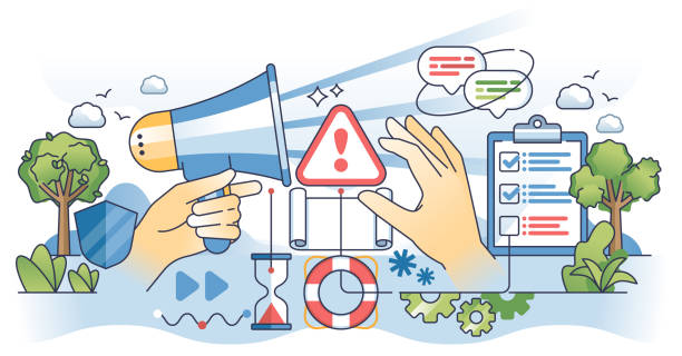 Crisis communication and corporate PR management outline hands concept. Emergency situation message with problem solution and fast response vector illustration. Business reputation recovery.
